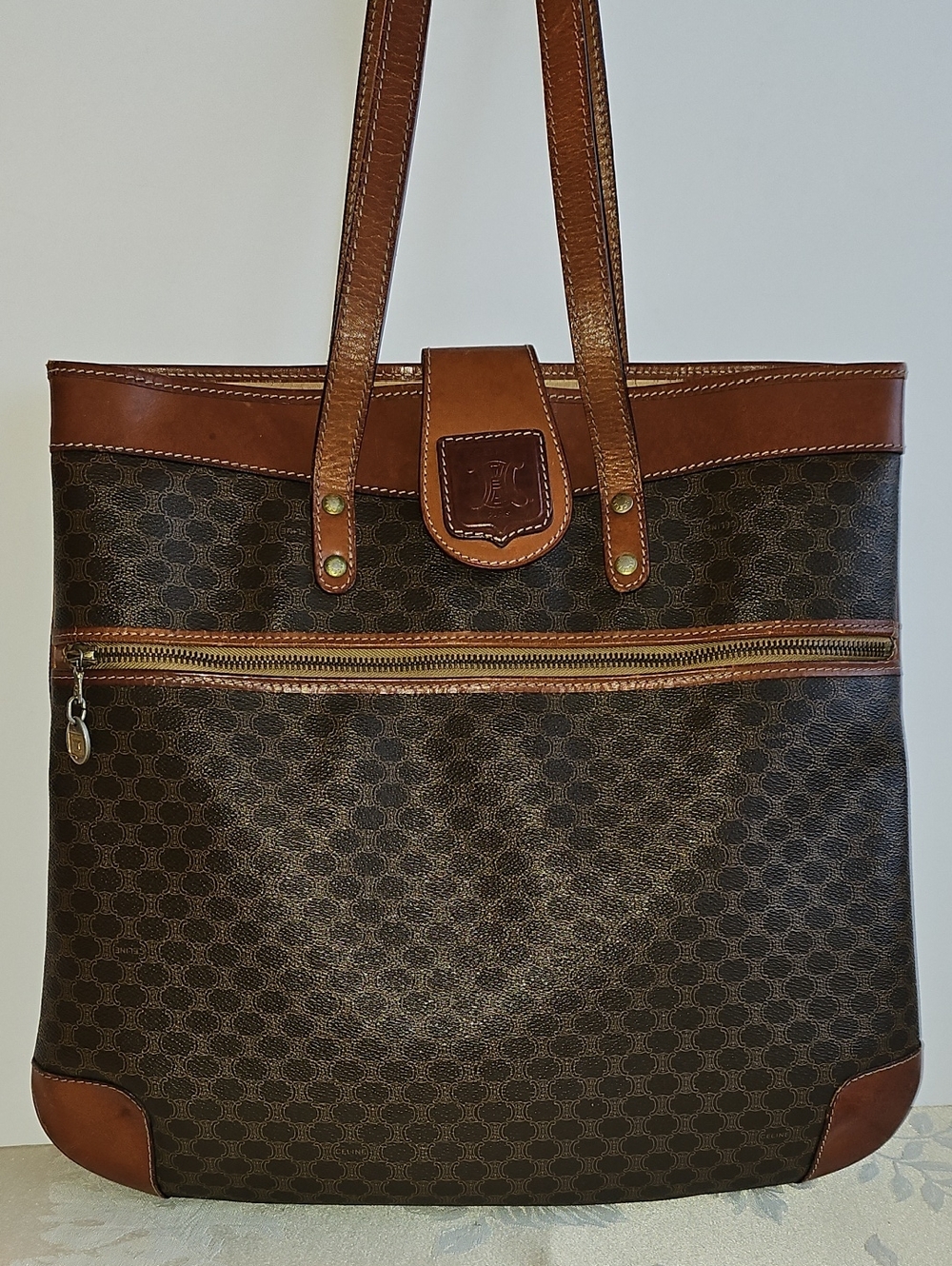 Celine Brown Monogram Vintage Tote with Tan Leather Trim